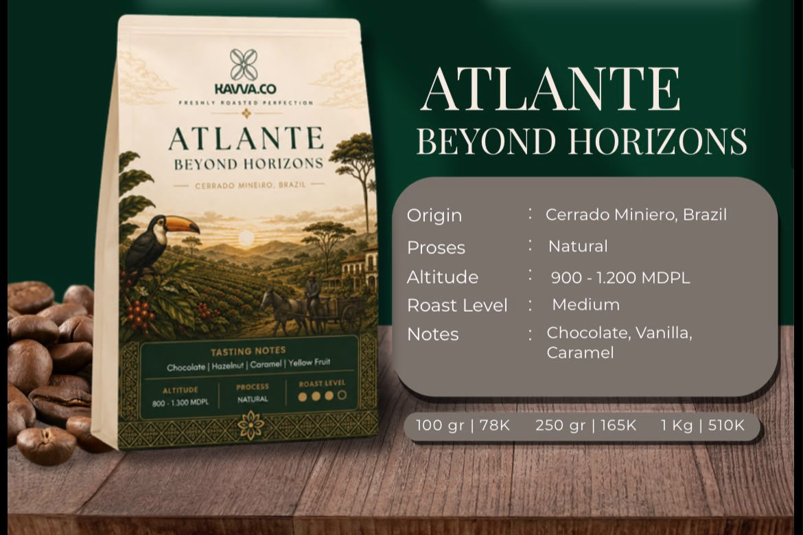 Kemasan biji kopi KAVVA Atlante dari Cerrado Mineiro, Brazil